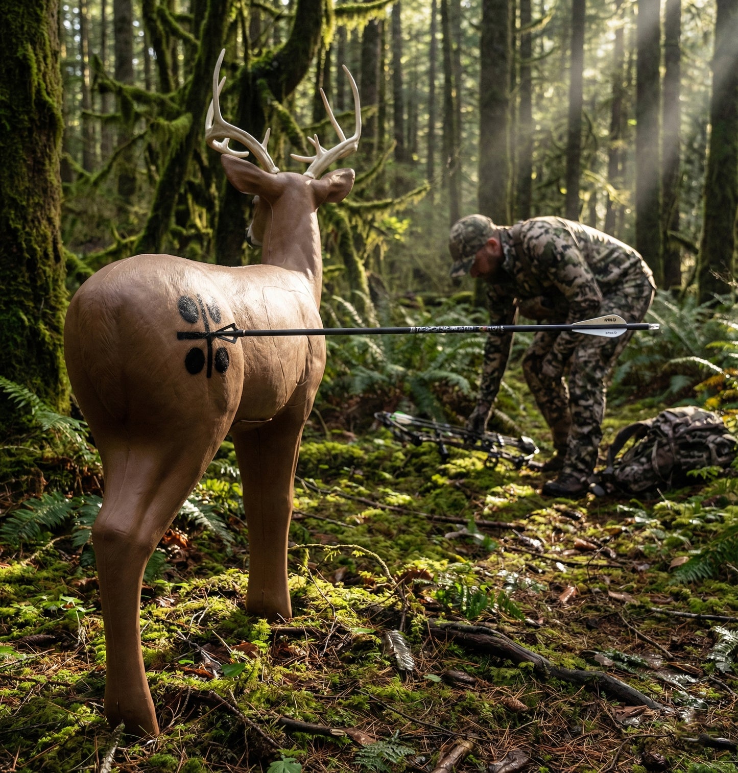 Hunter with a bow and arrow standing next to a deer target in a forest setting