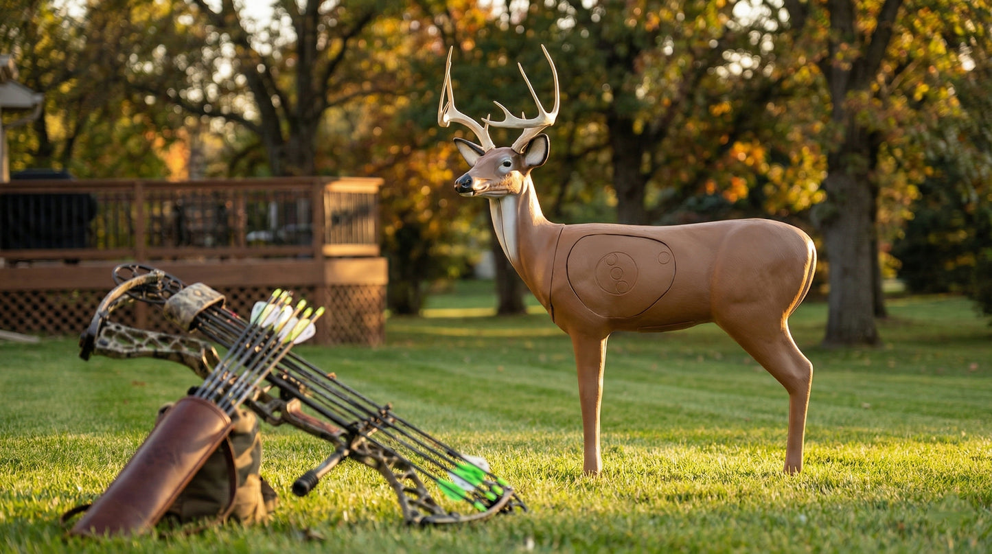 Archery bow and target deer stand on grass with trees in the background
