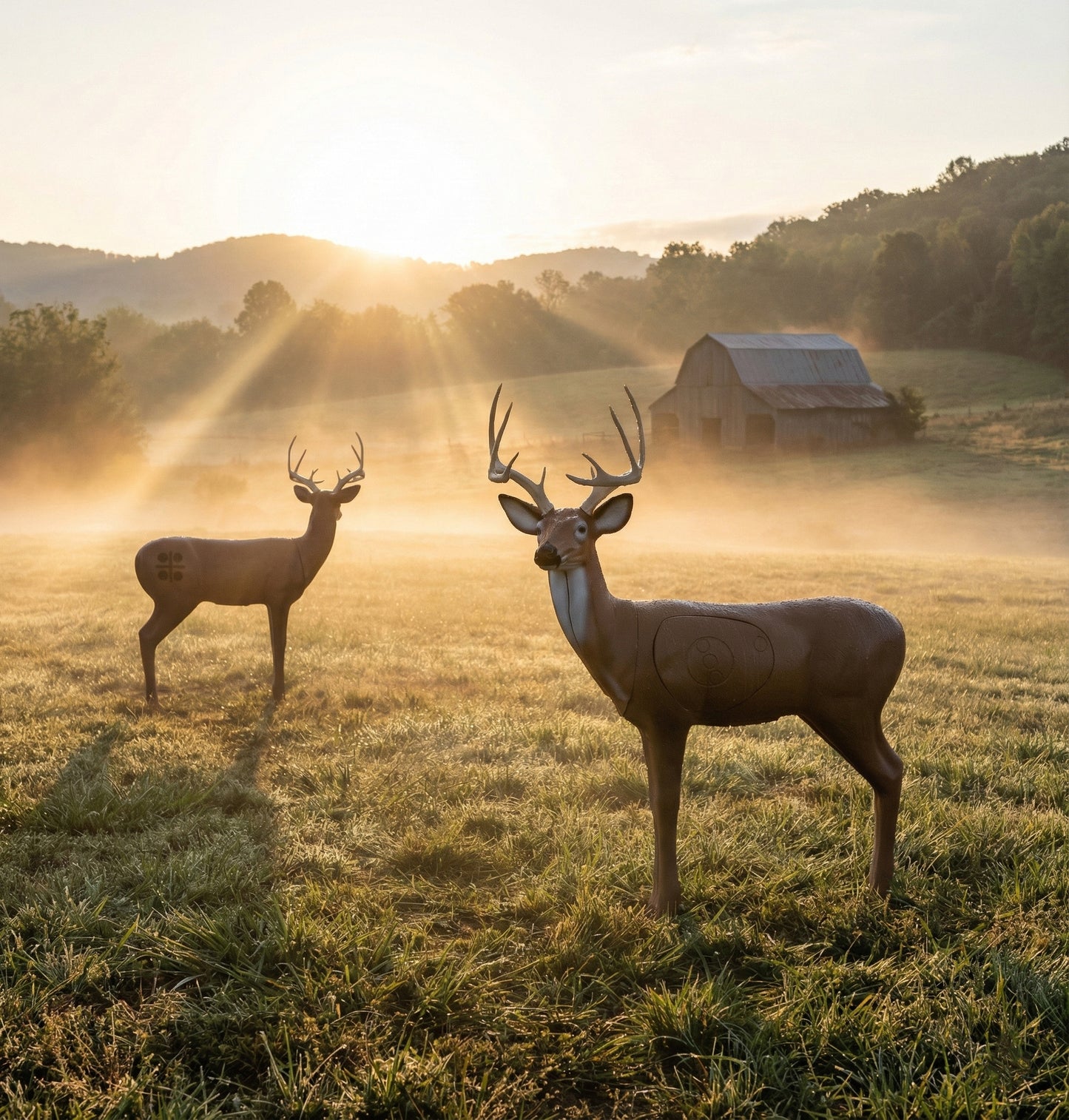 Two deer targets standing in a misty field with a barn and mountains in the background.
