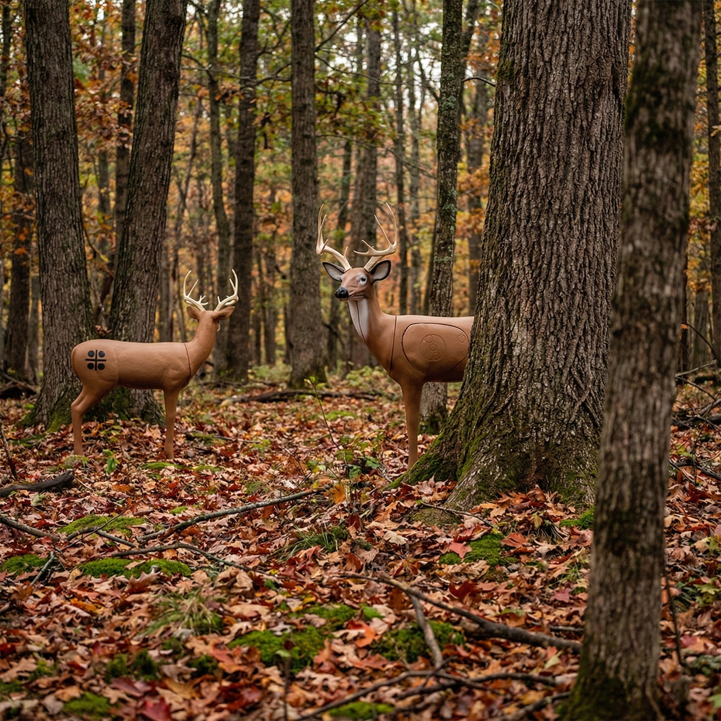 Two deer targets in a forest setting with trees and fallen leaves.