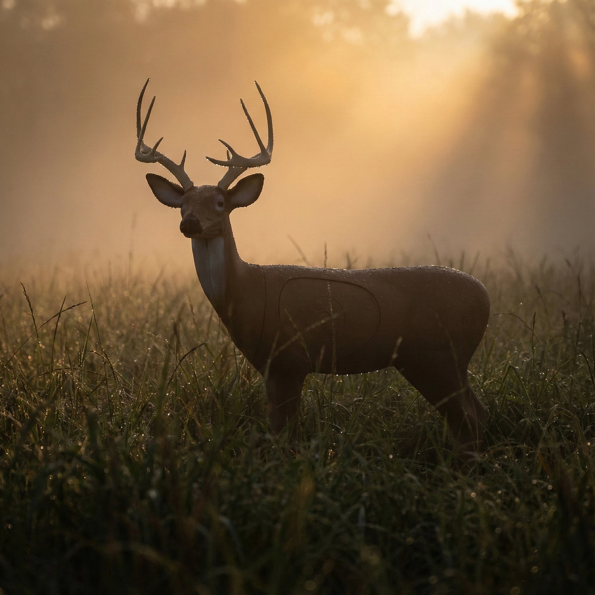 Deer target standing in a grassy field with a warm, golden light in the background