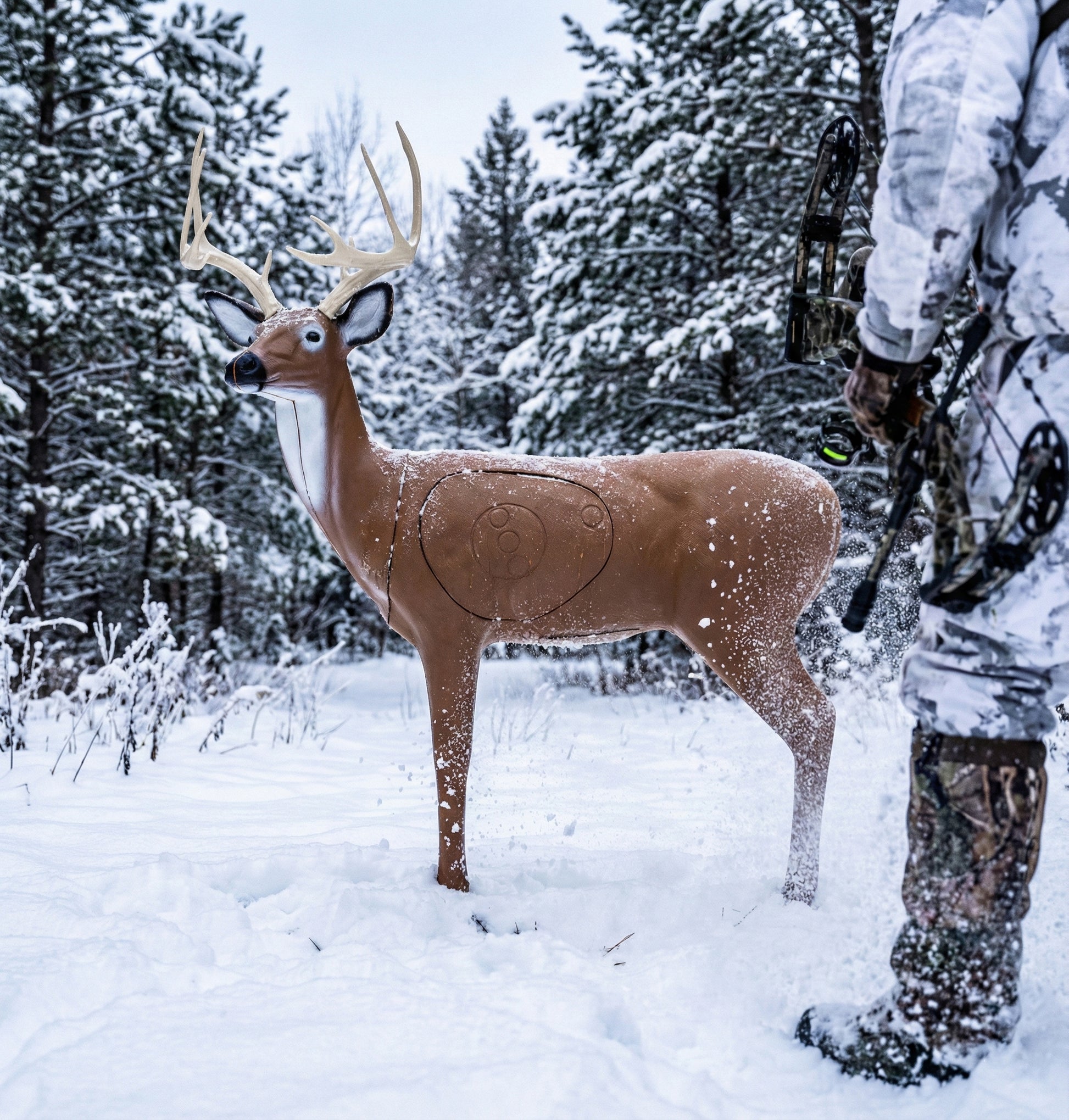 Deer target with hunting bow in a snowy forest