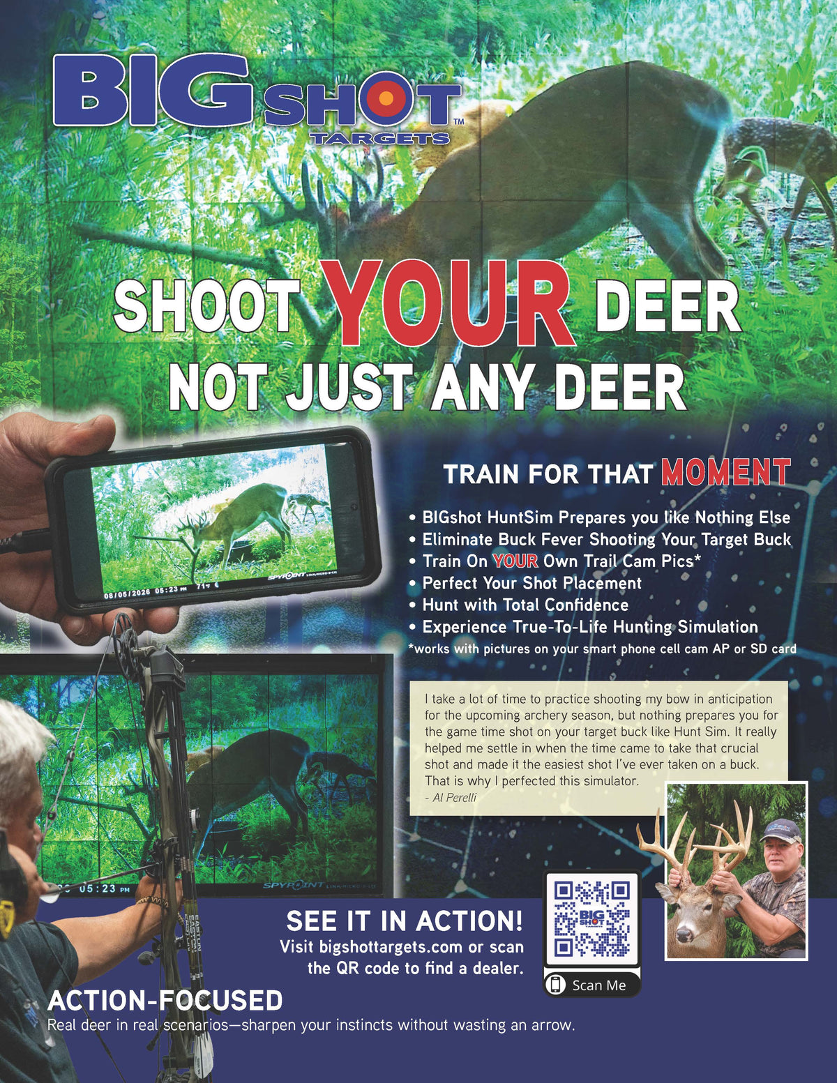 A promotional flyer for Big Shot Hunting Sim, featuring a green forest background, a hand holding a smartphone showing a deer on screen, a tripod-mounted camera, and two men holding antlers. The flyer includes text, bullet points, a QR code, and the Big Shot Hunting Sim logo.